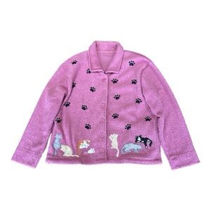 WOMEN’S PINK FLEECE CAT LOVERS JACKET WITH EMBROIDERED KITTIES AND CAT PAWS SZ M